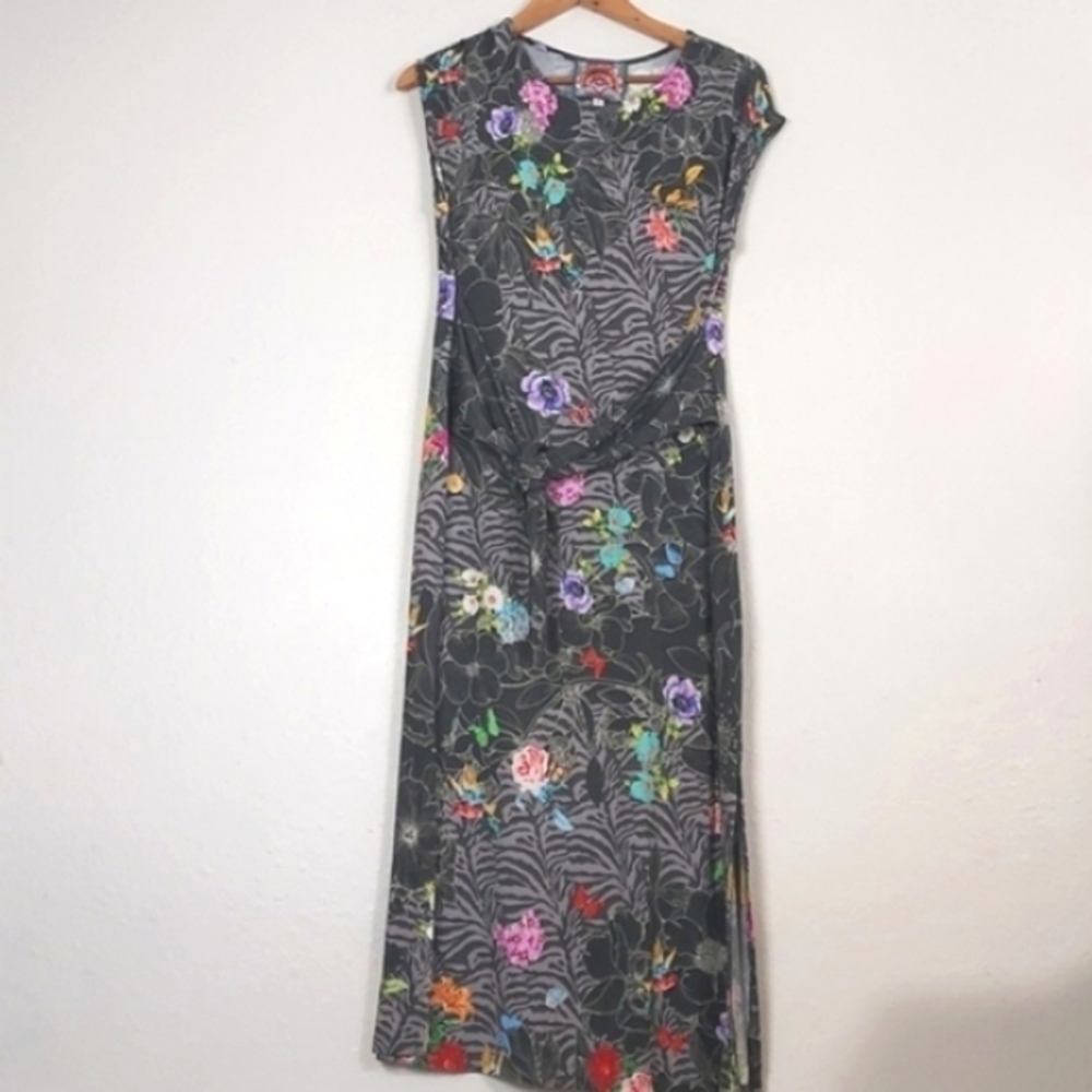 JOHNNY WAS Zippy Tie Front Knit Midi Dress Floral Size XS